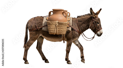 Εκτύπωση καμβά Brown donkey carrying heavy clay jugs in traditional woven baskets isolated agai
