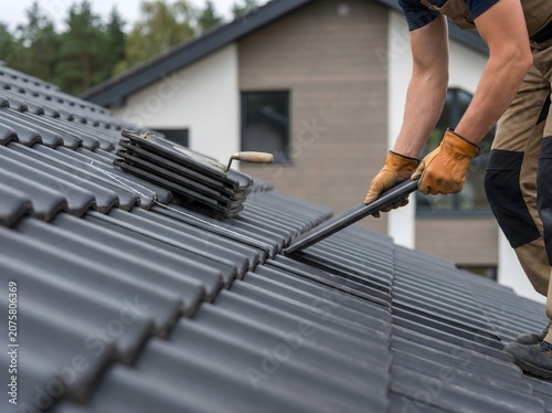 Professional Roofer Installing Dark Ceramic Roofing Panels on Modern Residential House