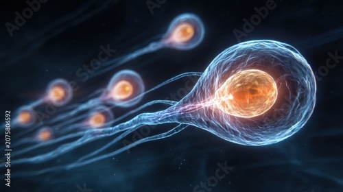 3D render of human sperm cells swimming with glowing nuclei on dark background