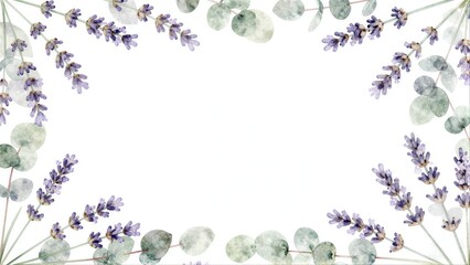 Lavender and eucalyptus watercolor frame on white background.