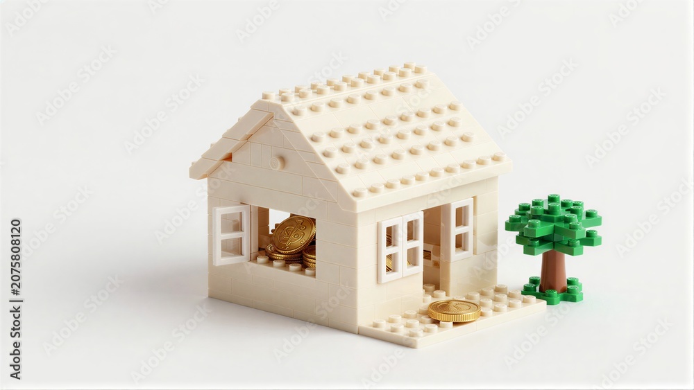 Fototapeta premium Lego house filled with gold coins, small tree beside it.