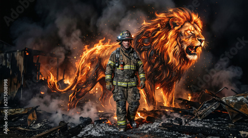 Brave Firefighter Stands Amidst Raging Fire with Fiery Lion Symbolizing Courage
