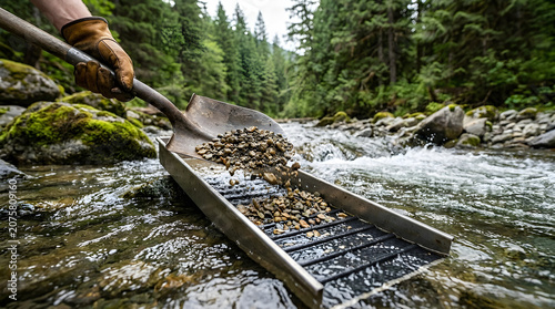 Gold prospecting in mountain stream isolated on transparent background