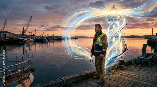 Seaman Contemplating Lighthouse Energy Connection at Dusk Harbor
