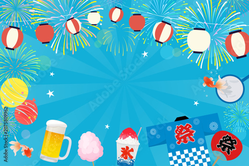 賑やかな夏祭りバナー背景フレーム(3:2)_ベクターイラスト