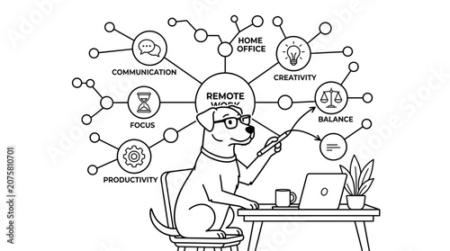 Woman Working at Desk with Digital Communication and Remote Office Icons Illustration