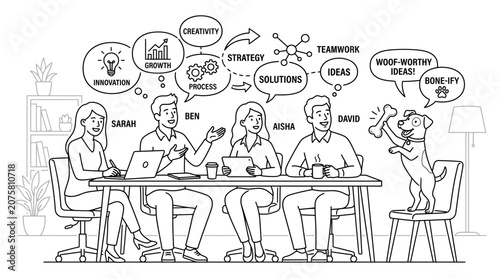 Team Brainstorming Session with Thought Bubbles in Modern Office Setting Line Art