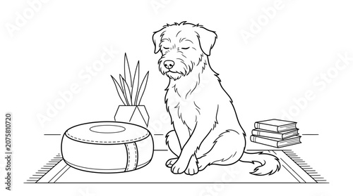 Dog Sitting Beside Houseplants and Books in Cozy Home Setting Line Art