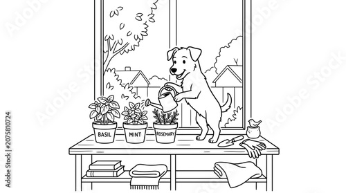 Dog watering indoor plants on windowsill in minimalist home setting line art
