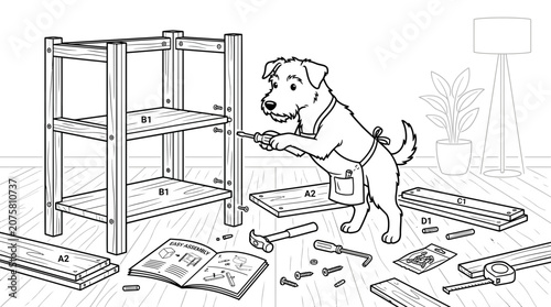 Dog Playing with Scattered Papers in Home Office Line Art Illustration