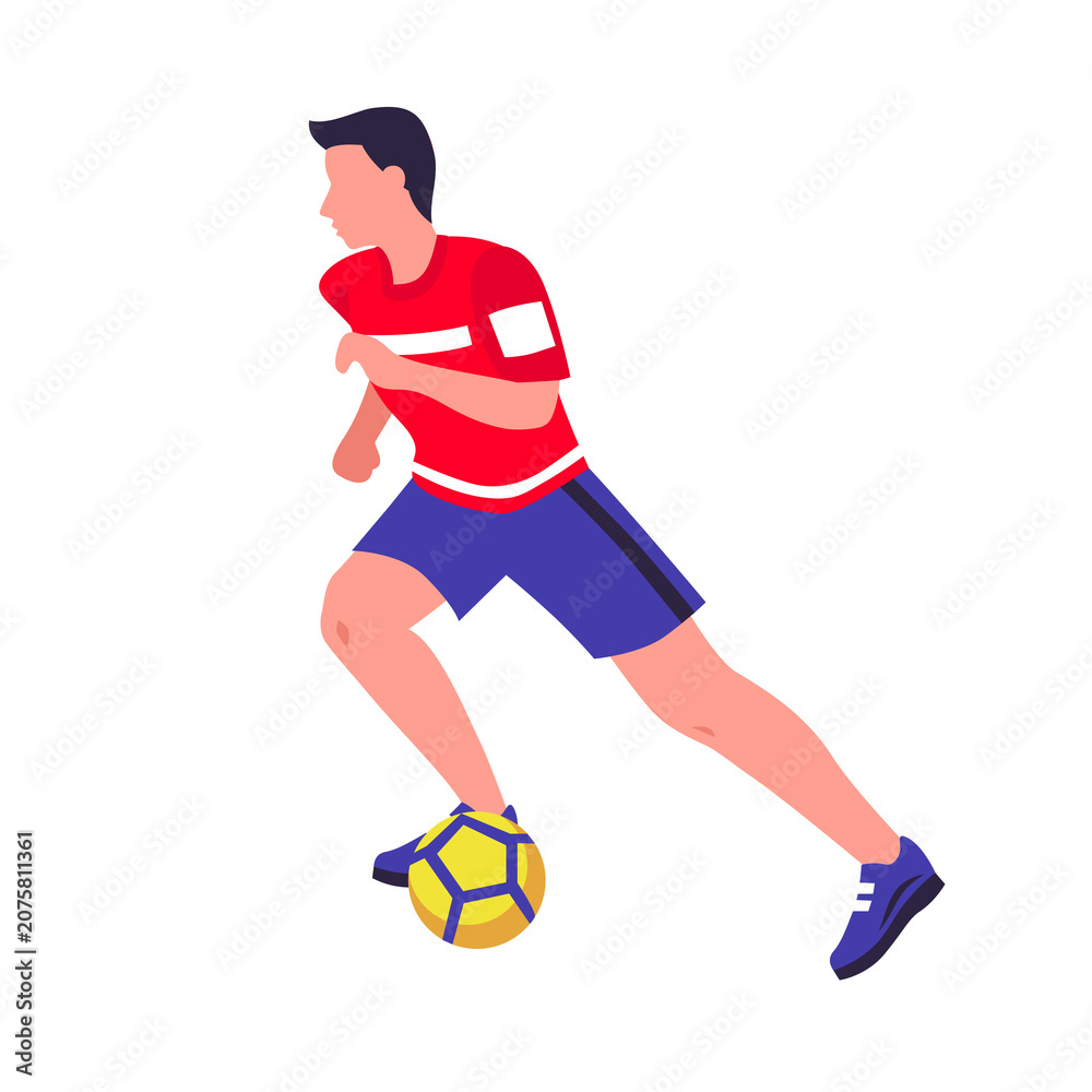 Fototapeta premium Cartoon illustration of a soccer player dribbling a ball in action pose transparent background