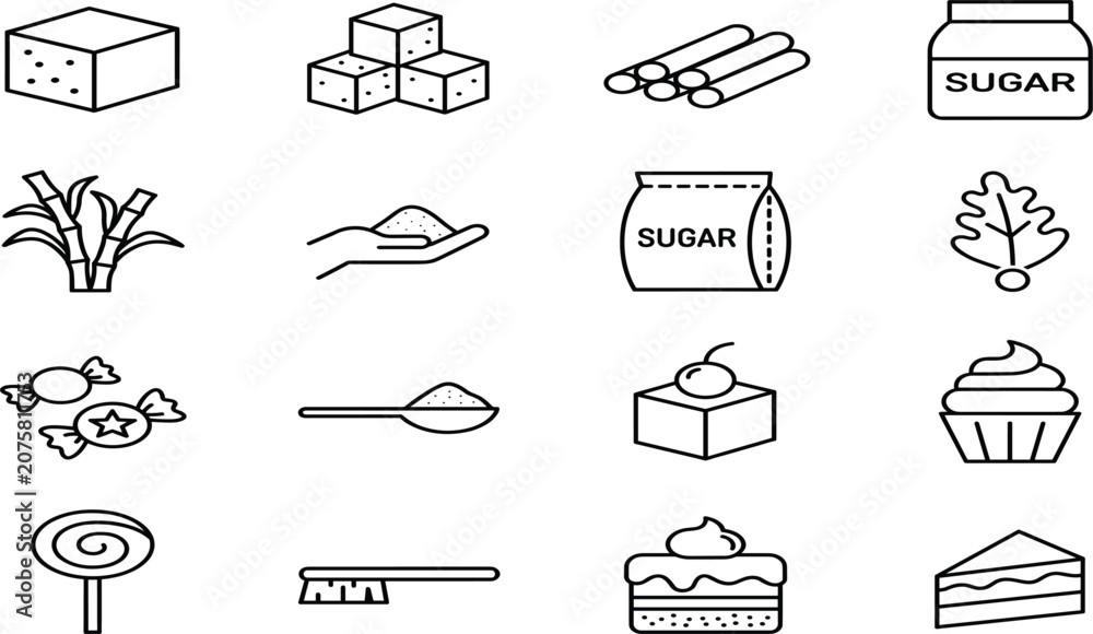 Fototapeta premium Sugar Production and Confectionery Sweets Thin Line Icon Vector Illustration Set Featuring Sugar Cubes Sugarcane Candy Cupcakes Cakes Spoon and Toothbrush Elements