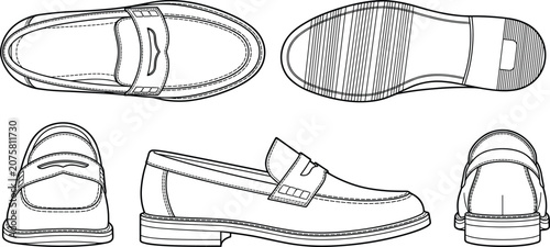 Bild auf Leinwand Technical fashion sketch of men slip on loafer shoes with multi angle views