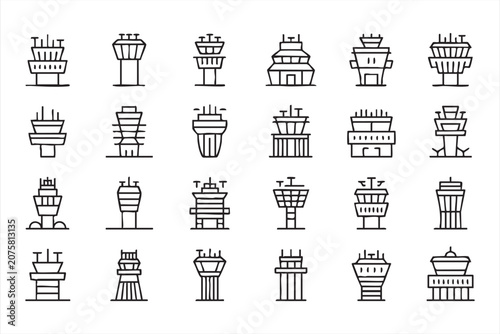 Aviation Tower Line Icon Set for Air Traffic and Terminal Graphics