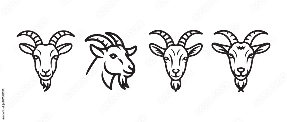 Fototapeta premium Set of goat head icons in simple black line art style.