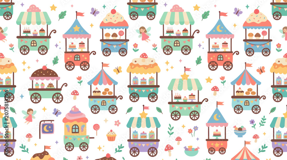 Naklejka premium Whimsical Fantasy Dessert Food Carts Seamless Pattern - Children's Fairyland Flat Vector Design
