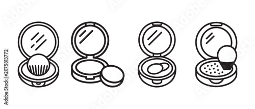 Bild auf Leinwand Set of cosmetic powder compact icons featuring makeup mirrors and applicators in a clean line art style