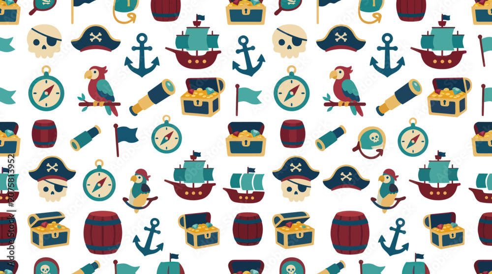 Fototapeta premium Cute Flat Pirate Seamless Pattern with Cartoon Nautical Adventure Icons for Kids Background