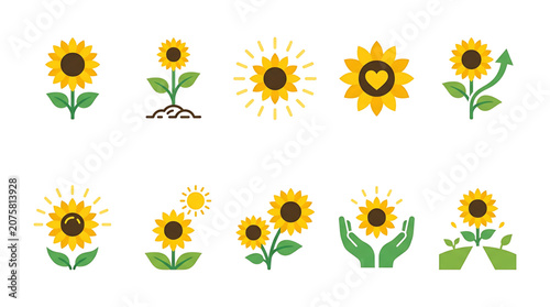 Collection of various sunflower icons in different stages and styles