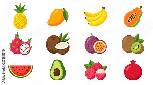 Colorful cartoon fruits and vegetables illustration set.