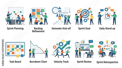 Agile project management concepts and terms illustrated in colorful flat design, including sprint planning, backlog refinement, and daily standup meetings