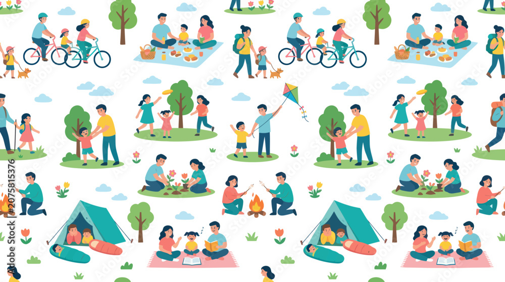 Naklejka premium Flat Illustration of Happy Families Enjoying Outdoor Summer Activities and Parenthood Lifestyle