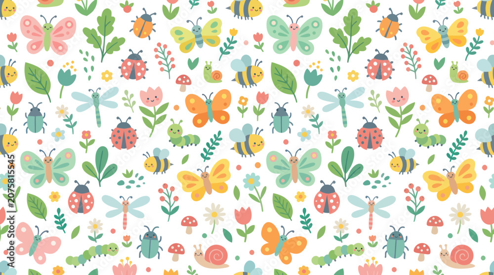 Fototapeta premium Adorable Flat Doodle Nature Seamless Pattern for Kids' Design with Cute Insects and Green Plants