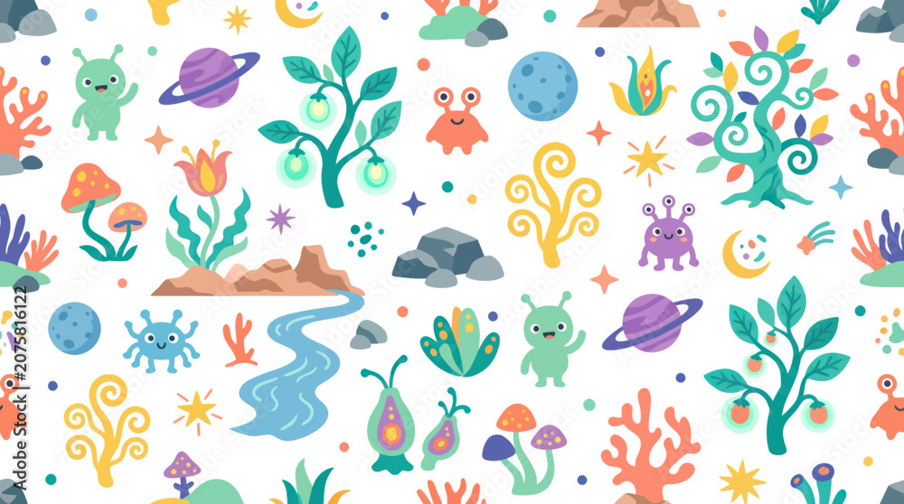 Obraz premium Whimsical Fantasy Space Nature Seamless Pattern with Cute Flat Cartoon Aliens, Planets and Plants.