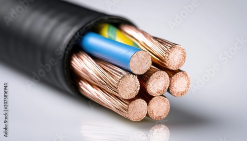 A cut electrical cable with exposed copper wires and colored insulation layers