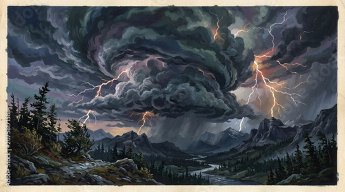 Dramatic Mountain Landscape Under Violent Thunderstorm with Lightning Strikes