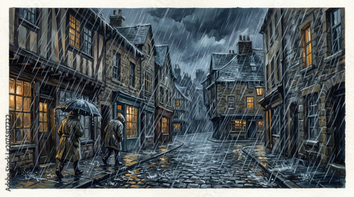 Gloomy City Street Scene with Heavy Rain and Two Pedestrians