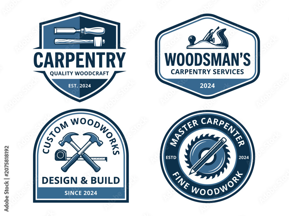 Obraz premium A collection of four distinct carpentry service logos featuring icons, text, and modern design elements that reflect quality woodworking and craftsmanship.
