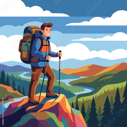 A joyful hiker gazes over a breathtaking landscape from a rocky peak, symbolizing exploration and connection with nature in a vivid and vibrant illustration.
