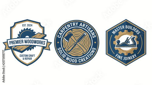 This collection of logos represents premier woodworking and craftsmanship services, featuring tools and creative designs to portray quality in wood creations and fine joinery.