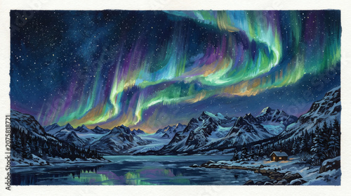 Magical Aurora Borealis over Snowy Mountains and Frozen Lake