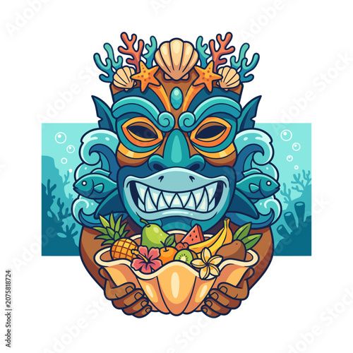 This vibrant tiki mask illustration combines tropical fruits and ocean elements, conveying a sense of vitality, nature, and cultural richness in an exciting artistic style.