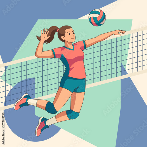 A female volleyball player leaps to spike the ball over the net, showcasing athleticism and skill with vibrant colors and a sense of movement.