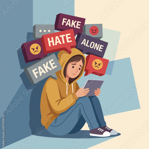 A poignant illustration portraying a person sitting against a wall, facing social media negativity and emotional struggles, highlighting modern challenges of cyberbullying and mental health issues.