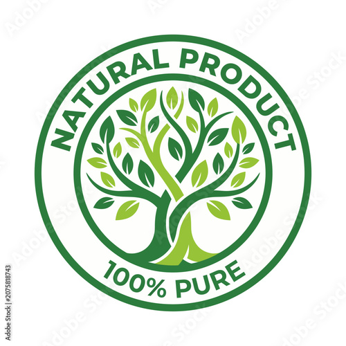 The design focuses on a certification stamp for a natural product, featuring a stylized tree, accentuating purity and organic qualities essential for health-conscious consumers.