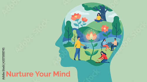 A conceptual illustration representing mental health awareness, depicting a silhouette filled with nature, signifying growth, peace, and nurturing one's mind emotionally.