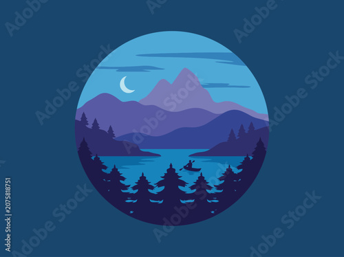 A tranquil mountain landscape scene illuminated by moonlight, reflecting calmness and peace, evoking thoughts of nature's beauty and stunning nighttime views.