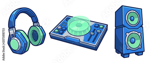 A modern collection of DJ equipment including headphones, a mixing console, and speakers showcases the vibrant culture of music and audio enjoyment at live events.