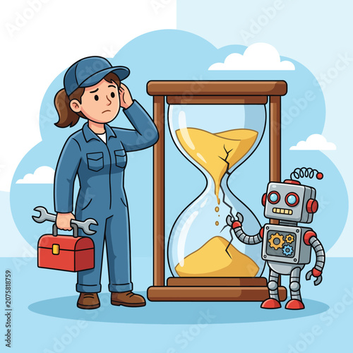 A cartoon mechanic feels frustrated while observing a broken hourglass, showcasing the clash between technology and human emotions in a thoughtful, humorous manner.