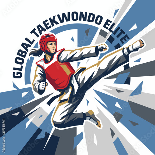 A striking illustration of a taekwondo athlete performing a high kick in a dynamic motion, set against an impactful burst of colors, symbolizing strength and skill.