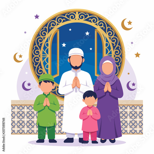 This heartwarming illustration portrays a family gathered together during Ramadan, depicting unity and devotion against a beautifully designed background celebrating the holy month's traditions.