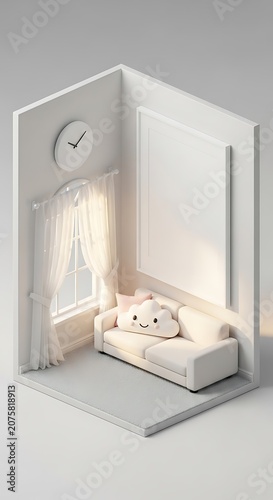 Minimalist Room Diorama with Sofa and Window, Serene Interior Design.