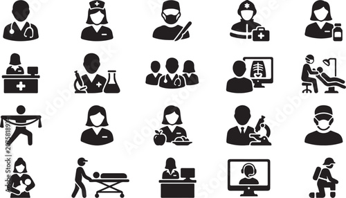 Obraz na plátně Diverse medical and professional icon set representing healthcare workers and se