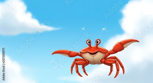 Cheerful cartoon crab illustration soaring happily against a bright blue sky with white clouds
