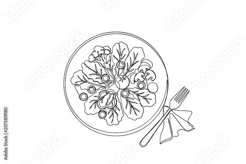 Salad With Fork And Knife Black Line Drawing On White Background