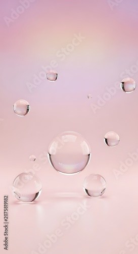 Several clear, smooth spheres float above a softly colored, light pink surface